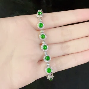 Natural Grade A Icy Jadeite Bracelet, Vivid Green, Vintage Luxury Design